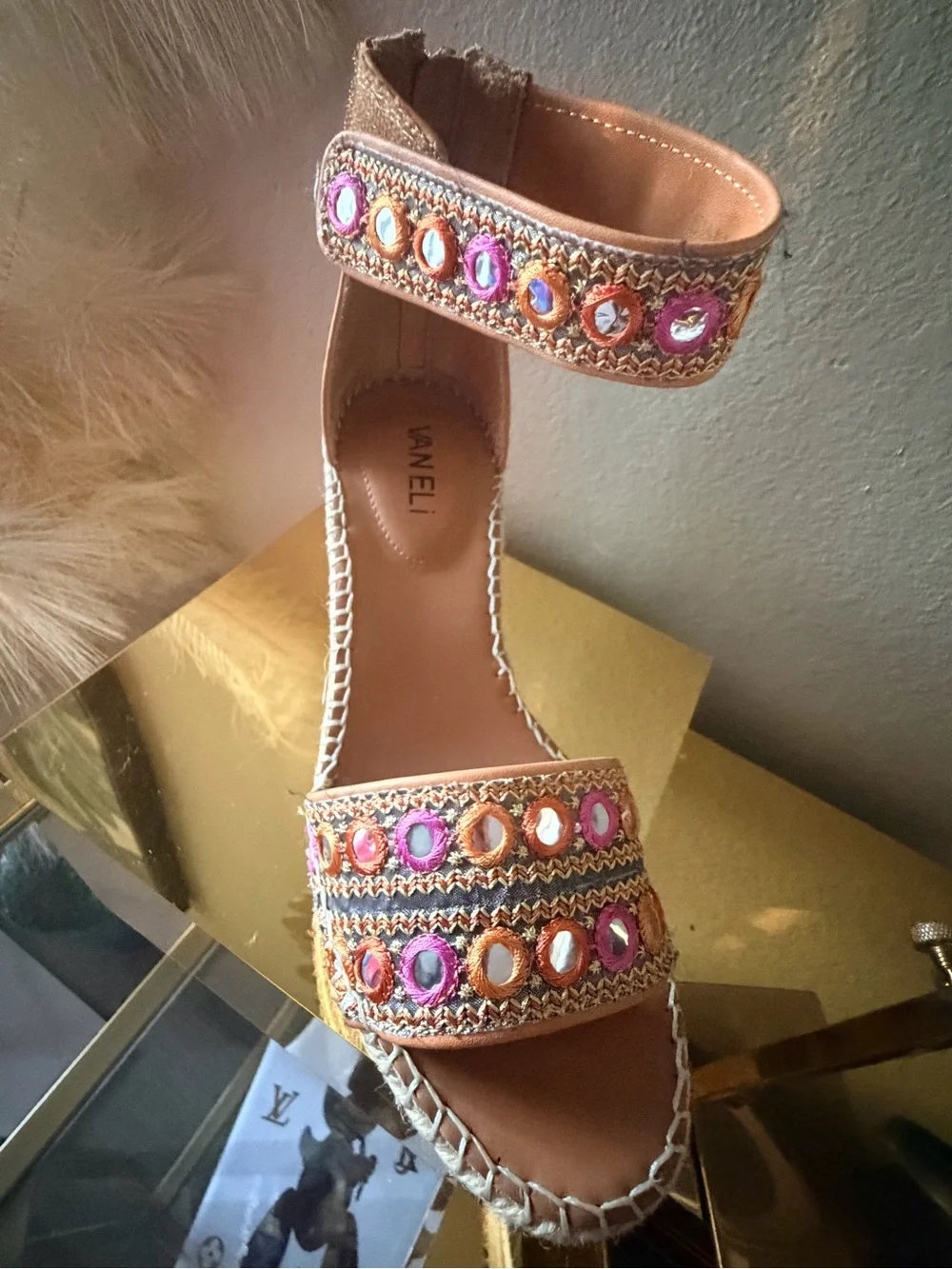 Van Eli Embellished Espadrille Wedge Sandals Ankle Strap Size 6.5M
